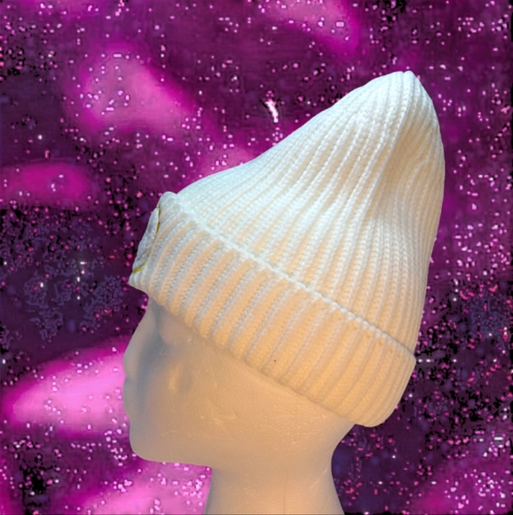 Ladies Smiley Face Ribbed Knit Beanie | Cream 1 Size Fits Most | Old E. Main Co. - Picture 9 of 15